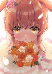  absurdres animal_ears bare_shoulders blush bouquet brown_eyes brown_flower brown_hair carrot closed_mouth commentary_request dress female flower hair_between_eyes hair_flower hair_ornament highres horns horse_ears horse_girl long_hair looking_at_viewer masshirokachi mayano_top_gun_(sunlight_bouquet)_(umamusume) mayano_top_gun_(umamusume) official_alternate_costume pink_flower pink_rose rose signature simple_background solo twitter_username umamusume wedding_dress white_background white_flower yellow_dress yellow_flower yellow_rose 