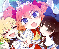  3girls artistic_error black_hair blonde_hair blue_eyes blush bow brown_eyes brown_hair dress drill_hair fairy fairy_wings hairbow hat long_hair luna_child multiple_girls oerba_yun_fang open_mouth ribbon short_hair smile star_sapphire sunny_milk touhou twintails wings yassy 