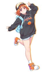  :d arm_up backpack bag bangs bare_legs baseball_cap black_headwear black_hoodie blush character_name clothes_writing commentary_request drawstring female full_body grin hat highres hood hood_down kanabun leg_up long_sleeves looking_at_viewer love_live! love_live!_sunshine!! open_mouth orange_footwear orange_hair parted_bangs red_eyes shorts simple_background smile socks solo spread_legs standing standing_on_one_leg takami_chika teeth v white_background white_legwear white_shorts 