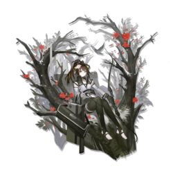  animal_ears arknights arrow_(projectile) bare_shoulders bare_tree belt bird black_belt black_choker black_thighhighs bow_(weapon) brown_hair choker detached_sleeves female flower folinic_(arknights) folinic_(lasting_arrowroot)_(arknights) full_body hair_flower hair_ornament heibaise_jiangshi highres holding holding_arrow holding_bow_(weapon) holding_weapon infection_monitor_(arknights) long_hair long_sleeves looking_at_viewer official_alternate_costume official_art ponytail red_flower sitting smile solo thighhighs toeless_legwear transparent_background tree weapon white_flower yellow_eyes 