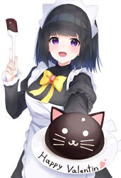  :d absurdres animal-themed_food apron black_dress black_hair bow breasts chocolate collared_dress commentary_request dress female frilled_apron frills happy_valentine hashiko_nowoto heart highres holding holding_plate layered_sleeves long_sleeves maid_apron open_mouth original plate puffy_short_sleeves puffy_sleeves purple_eyes short_over_long_sleeves short_sleeves simple_background small_breasts smile solo spatula valentine white_apron white_background yellow_bow 