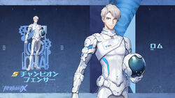  blue_eyes bodysuit character_name copyright_name fencing_suit grey_hair hair_behind_ear helmet highres holding holding_helmet holding_sword holding_weapon logo male_focus official_art rapier rom_(smc) smile super_mecha_champions sword unworn_headwear unworn_helmet weapon white_bodysuit zoom_layer 