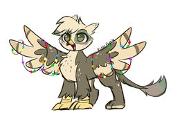  absurd_res ambiguous_gender avian beak blush brown_eyes christmas_lights fan_character feathers feral gryphon hasbro hi_res kittyrosie long_tail multicolored_body multicolored_feathers my_little_pony mythological_avian mythological_creature mythology open_mouth simple_background solo tail tuft white_back white_background wings 