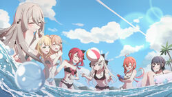  6+girls absurdres akashi_(4kc_27) ball beachball bikini bikini_skirt black_bikini black_bow black_hair black_nails blonde_hair blue_bikini blue_sky bow braid closed_eyes cloud contrail day french_braid green_eyes grey_hair hair_bun hairbow heterochromia highres holding holding_water_gun idios igarashi_rika ishigami_nozomi kaburaki_roco koshimizu_toru kuramochi_meruto laughing lens_flare long_hair microskirt mole mole_under_eye multi-strapped_bikini multiple_girls navel nijisanji ocean orange_hair outdoors palm_tree plaid plaid_bikini red_eyes red_hair shishido_akari side-tie_bikini_bottom side_ponytail single_side_bun skirt sky smile sophia_valentine strapless strapless_bikini super_soaker swimsuit tree twin_braids very_long_hair virtual_youtuber wading water water_drop water_gun 