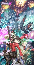  3boys 5girls absurdres arthur_(smc) black_bow black_legwear black_skirt blazer blonde_hair blue_hair bow breasts brown_hair collared_shirt firefox_(smc) floating_hair gabriel_(smc) green_hair grey_jacket gun hair_behind_ear handgun highres holding holding_gun holding_weapon iori_(smc) ivan_(smc) jacket jiu_chong_(smc) joanna_(smc) long_hair low_ponytail mask mecha mechanical_wings medium_breasts mila_(smc) mouth_mask multicolored_hair multiple_boys multiple_girls ning_(smc) official_art pantyhose piston purple_eyes red_eyes red_hair red_jacket rifle robot rom_(smc) school_uniform science_fiction shirt silver_deacon_(smc) skirt skylark_(smc) smile sniper_rifle streaked_hair submachine_gun super_mecha_champions talisman torn_clothes torn_legwear ventorus_(smc) weapon white_jacket white_shirt wings 