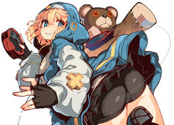  1boy absurdres androgyne_symbol ass bare_legs bike_shorts bike_shorts_under_skirt black_gloves blue_jacket blush bridget bulge cross drawstring fingerless_gloves from_behind gloves guilty_gear guilty_gear_strive habit hair_between_eyes highres hood hooded_jacket jacket long_sleeves looking_at_viewer looking_back male_focus otoko_no_ko roger_(guilty_gear) shiokonbu smile stuffed_animal stuffed_toy teddy_bear thighs yo-yo 