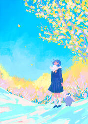  baby_penguin bad_id bad_pixiv_id bird black_footwear black_shirt black_skirt blue_sky day female highres long_sleeves neckerchief original outdoors penguin pink_neckerchief scarf shirt shoes skirt sky socks solo standing tabi_(tabisumika) tree white_scarf white_socks wide_shot winter 