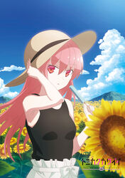  absurdres bare_shoulders black_camisole blue_sky camisole clothing_request cloud commentary_request copyright_name cowboy_shot day female field flower flower_field food hair_between_eyes hand_to_head hands_up hat highres holding long_hair looking_at_viewer official_art outdoors parted_lips pink_hair popsicle red_eyes sasaki_masakatsu sky solo standing sunflower sunflower_field tonikaku_kawaii yuzaki_tsukasa 