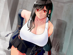  arm_guards bent_over black_hair black_skirt black_thighhighs breasts cleavage crop_top earrings elbow_gloves female final_fantasy final_fantasy_vii final_fantasy_vii_remake fingerless_gloves gloves hand_on_own_hip jewelry large_breasts leaning_forward long_hair looking_at_viewer low-tied_long_hair pleated_skirt red_eyes skirt smile solo switch01 tank_top thighhighs tifa_lockhart 