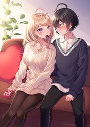  1boy ahoge akamatsu_kaede artist_name bangs beige_sweater black_hair black_legwear black_swimsuit blonde_hair blush breasts candy chocolate chocolate_heart collarbone commentary couch danganronpa eyebrows_visible_through_hair female food heart heart_pillow highres in_mouth indoors large_breasts long_hair looking_at_another musical_note musical_note_hair_ornament nabekokoa new_danganronpa_v3 on_couch pants pantyhose pillow purple_eyes saihara_shuuichi shirt sitting sleeves_past_wrists smile sweater swimsuit white_shirt 