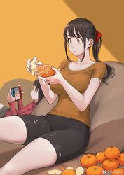  2girls absurdres big_sister_(navigavi) bike_shorts black_shorts blush bow breasts brown_hair closed_mouth collarbone couch expressionless eyelashes food fruit hairbow highres holding jun_(navigavi) large_breasts leaning_on_person little_sister_(navigavi) lolicon mandarin_orange medium_hair multiple_girls nintendo_switch orange_(fruit) orange_eyes orange_peel orange_shirt original peeling playing_games ponytail red_bow red_shirt shirt short_hair short_shorts short_sleeves shorts siblings sisters sitting t-shirt thighs turtleneck weibo_logo weibo_watermark 