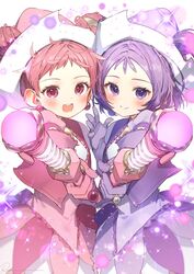  2girls :d bad_id bad_twitter_id blush closed_mouth cowboy_shot double_bun dress earrings gloves hair_bun harukaze_doremi hat highres holding holding_wand jewelry looking_at_viewer magical_girl multiple_girls ojamajo_doremi one_side_up open_mouth pink_dress pink_eyes pink_gloves pink_hair pink_headwear purple_dress purple_eyes purple_hair purple_headwear ring ryota_(ry_o_ta) segawa_onpu short_hair signature simple_background smile sparkle wand white_background witch_hat 