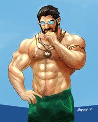  1boy abs arm_hair bad_deviantart_id bad_id bara beard black_hair blue_background bulge chest_hair facial_hair finger_under_clothes food food_on_body food_on_pectorals glasses graves_(league_of_legends) green_male_swimwear hair_slicked_back hairy highres ice_cream jewelry large_pectorals league_of_legends male_focus male_swimwear mature_male muscular muscular_male navel navel_hair necklace nipples official_alternate_costume opaque_glasses open_fly pectorals short_hair sideburns solo standing stomach sunglasses swim_trunks thick_eyebrows thick_thighs thighs topless_male yecow 