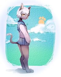  animal_ears barefoot blue_background blue_sailor_collar blue_skirt blue_sky cat_ears cat_tail closed_mouth cloud commentary_request day female flat_chest from_side full_body furry furry_female grey_hair long_sleeves looking_at_viewer miniskirt onikuman original outdoors paw_print pleated_skirt sailor_collar school_uniform serafuku shirt short_hair simple_background skirt sky solo standing sun swept_bangs tail whiskers white_shirt yellow_eyes 