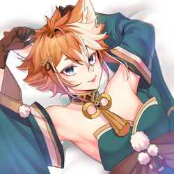  1boy :p animal_ears arms_up bare_shoulders bed_sheet brown_gloves commentary cosplay crossdressing detached_sleeves dog_boy dog_ears echu genshin_impact gloves gorou_(genshin_impact) green_eyes green_kimono hair_between_eyes hair_ornament highres hina_(genshin_impact) hina_(genshin_impact)_(cosplay) japanese_clothes jewelry kimono korean_commentary looking_at_viewer lying male_focus multicolored_hair neck_ring off_shoulder on_back orange_hair pom_pom_(clothes) shiny_skin short_eyebrows solo streaked_hair tassel tongue tongue_out upper_body white_hair 