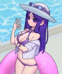  bikini blurry blurry_background bow breasts caitlyn_(league_of_legends) cellphone cleavage closed_mouth commentary_request cowboy_shot depth_of_field eyewear_on_head eyewear_on_headwear female grey_jacket hand_up hat hat_bow highres holding holding_phone innertube jacket korean_commentary league_of_legends long_hair looking_at_phone navel off_shoulder open_clothes open_jacket phone pool pool_party_caitlyn purple_bikini purple_bow purple_eyes purple_hair signature smartphone solo sparrowl standing sun_hat sunglasses swim_ring swimsuit white_hat 