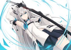  animal_ears azur_lane black_gloves black_skirt black_thighhighs blue_eyes detached_sleeves female from_above gloves grey_hair katana kawakaze_(azur_lane) long_hair looking_at_viewer makiri_akira miniskirt sheath simple_background skirt solo sword thighhighs unsheathing very_long_hair weapon white_background zettai_ryouiki 