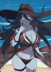  barleyshake beach bikini black_hair blue_eyes breasts cleavage colored_skin commentary dead_by_daylight english_commentary female floral_print grey_skin hair_between_eyes hat highres hooked_on_you large_breasts long_hair navel print_robe robe sun_hat swimsuit the_spirit_(dead_by_daylight) 