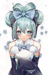  aqua_eyes aqua_hair bad_id bad_pixiv_id bare_shoulders black_sleeves blue_bow blue_bowtie blush bow bowtie character_doll cinnamiku cinnamoroll closed_mouth commentary detached_sleeves double_bun ear_bow female floral_background hair_bun hatsune_miku highres hugging_doll hugging_object looking_at_viewer sanrio shirt sleeveless sleeveless_shirt smile solo tied_ears updo upper_body vocaloid xoaiu 