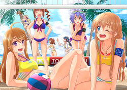  ball bikini black_hair blue_eyes blue_hair blush brown_eyes brown_hair clouds gomashio_star hat idolmaster idolmaster_cinderella_girls idolmaster_million_live! kasuga_mirai kousaka_umi long_hair navel necklace ponytail purple_eyes short_hair sky sport swimsuit tagme_(character) takayama_sayoko tokoro_megumi toyokawa_fuuka tree volleyball watermark wink yokoyama_nao 