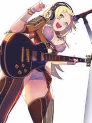  :d blonde_hair bra bracelet breasts commentary_request covered_nipples electric_guitar enkyo_yuuichirou female flying_sweatdrops from_below garter_belt gibson_les_paul green_eyes grey_bra grey_panties guitar hand_up headphones highres hisho_collection holding holding_instrument instrument jewelry looking_at_viewer looking_down medium_breasts microphone microphone_stand music open_mouth panties playing_instrument short_hair simple_background smile standing thighhighs underwear white_background wristband 