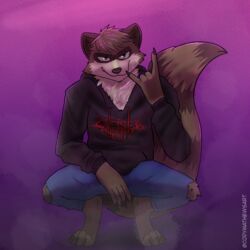  1:1 abstract_background bottomwear clothed clothing codyf0xx crouching denim denim_bottomwear denim_clothing fully_clothed hoodie jeans male mammal pants procyonid raccoon rigbie solo tail topwear torn_bottomwear torn_clothing torn_jeans torn_pants 