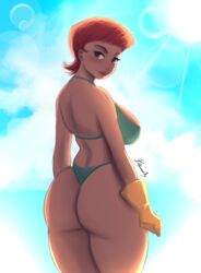  ass bawdy_art bikini blue_sky breasts brown_eyes cloud cowboy_shot curvy day dexter&#039;s_laboratory female from_behind gloves green_bikini highres large_breasts lens_flare lips looking_at_viewer looking_back mature_female medium_hair mom_(dexter&#039;s_laboratory) orange_hair plump rubber_gloves signature sky solo sun swimsuit thick_thighs thighs toon_(style) yellow_gloves 