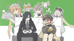  2boys 3girls ahoge alchemy_stars ascot black_hair black_jacket blonde_hair braid closed_eyes coke-bottle_glasses collared_shirt commentary_request controller crossover cup drinking_straw fafnir_(maidragon) firefly_(alchemy_stars) frilled_hairband frills game_controller glasses goggles goggles_on_headwear grey_eyes grey_hair gronru_(alchemy_stars) hair_over_one_eye hairband hat headband highres holding holding_controller holding_tray horns jacket jitome kobayashi-san_chi_no_maidragon korean_commentary long_hair looking_at_viewer multicolored_hair multiple_boys multiple_girls navigator_(alchemy_stars) necktie notice_lines oerba_yun_fang open_mouth orange_hair pillow pince-nez red_eyes red_hair serving_dome shirt sidelocks sitting sleeves_past_fingers sleeves_past_wrists slit_pupils steam tail tohru_(maidragon) tray twintails two-tone_hair unimet_(alchemy_stars) v-shaped_eyebrows white_shirt whitebear 