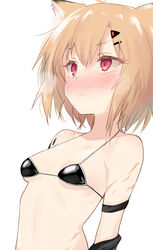  absurdres animal_ear_fluff animal_ears arknights arm_garter bare_shoulders bikini blonde_hair blush breasts check_commentary closed_mouth collarbone commentary_request ear_piercing eyelashes female fox_ears hair_between_eyes hair_ornament hairclip halterneck heavy_breathing highres kiyu_rei looking_away material_growth micro_bikini nose_blush originium_(arknights) oripathy_lesion_(arknights) piercing red_eyes sanpaku scar shiny_clothes short_hair simple_background small_breasts solo string_bikini sweat swimsuit tsurime underboob upper_body vermeil_(arknights) white_background 