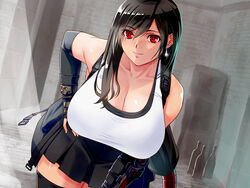  arm_guards bent_over black_hair black_skirt black_thighhighs breasts cleavage crop_top earrings elbow_gloves female final_fantasy final_fantasy_vii final_fantasy_vii_remake fingerless_gloves gloves hand_on_own_hip jewelry large_breasts leaning_forward long_hair looking_at_viewer low-tied_long_hair pleated_skirt red_eyes skirt smile solo switch01 tank_top thighhighs tifa_lockhart undershirt 