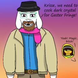  1:1 ambiguous_gender anthro beard belt blue_clothing blue_shirt blue_topwear blursed_image bovid breaking_bad brown_hair caprine clothed clothing crossover deltarune duo english_text eyewear facial_hair glasses goat grading hair hat headgear headwear hidden_eyes hood human humanoid jesse_pinkman kris_(deltarune) low_res male mammal pink_eyes profanity ralsei scarf shirt simple_background text topwear undertale_(series) vest walter_white winterfrostwastaken 