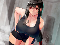  bent_over bike_shorts black_hair black_shorts black_sports_bra black_thighhighs breasts cleavage earrings female final_fantasy final_fantasy_vii final_fantasy_vii_remake hand_on_own_hip jewelry large_breasts leaning_forward long_hair looking_at_viewer low-tied_long_hair red_eyes shorts sleeveless smile solo sports_bra switch01 thighhighs tifa_lockhart underwear 