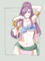  arabian_clothes breasts closed_mouth commentary_request faris_scherwiz female final_fantasy final_fantasy_5 green_eyes jewelry large_breasts long_hair looking_at_viewer midriff mystic_knight navel partial_commentary ponytail purple_hair simple_background smile solo toutoumi veil 