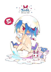  :o anniversary blue_hair character_name commentary disgaea egg eggshell eggshell_hat female hair_over_one_eye hairband harada_takehito highres nippon_ichi nude oerba_yun_fang open_mouth pleinair pointy_ears red_eyes red_hairband same-san short_hair simple_background sitting solo stuffed_animal stuffed_rabbit stuffed_shark stuffed_toy usagi-san white_background 