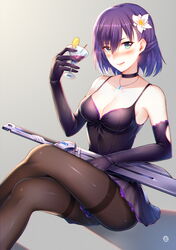  absurdres aqua_eyes bare_shoulders black_choker black_dress black_gloves black_pantyhose blush breasts chinese_commentary choker cleavage commentary_request crossed_legs dress elbow_gloves feet_out_of_frame female flower gloves hair_flower hair_ornament highres holding hua-j large_breasts original pantyhose purple_hair short_hair smile solo tongue tongue_out white_flower 