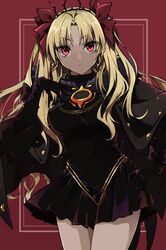  black_cape black_dress black_gloves black_thighhighs blonde_hair breasts cape dark-skinned_female dark_skin dress earrings ereshkigal_(fate) ereshkigal_alter_(fate) fate/grand_order fate_(series) female fur-trimmed_cape fur_trim gloves hair_ribbon highres hoop_earrings jewelry kino_kokko long_hair long_sleeves looking_at_viewer medium_breasts parted_bangs red_eyes ribbon solo thighhighs thighs tiara two_side_up 