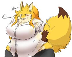  2022 anthro big_breasts black_nose blonde_hair blush blush_lines breasts brown_hands brown_tail_tip canid canine cheek_tuft chest_tuft clothed clothing digital_drawing_(artwork) digital_media_(artwork) dipstick_tail dress_shirt facial_tuft female female_anthro fingers fist fox fur hair half-length_portrait huge_breasts humanoid_hands kemono long_hair mammal markings orange_hair overweight overweight_anthro overweight_female portrait pukkunnnn rolled_up_sleeves shirt signature simple_background solo tail tail_markings tan_body tan_fur tight_clothing tight_shirt tight_topwear topwear tuft white_background white_clothing white_shirt white_topwear yellow_body yellow_fur yellow_tail 