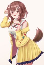  :3 animal_ears blush bone_hair_ornament braid breasts brown_hair button_dress choker commentary_request cowboy_shot dog_ears dog_girl dog_tail dress female hair_between_eyes hair_ornament higashigure highres hololive inugami_korone inugami_korone_(1st_costume) jacket long_hair looking_at_viewer medium_breasts nail_polish oerba_yun_fang off_shoulder open_mouth paw_pose red_eyes side_braids simple_background sleeveless sleeveless_dress solo tail twin_braids unzipped virtual_youtuber white_background white_dress yellow_jacket yellow_nails 