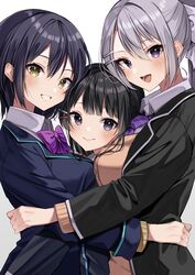  3girls absurdres black_hair black_jacket blue_eyes blue_jacket blue_necktie blunt_bangs blush bow breasts brown_cardigan cardigan collared_shirt girl_sandwich grey_bow grey_hair grin hair_between_eyes hair_ornament hairbow hairclip highres higuchi_kaede higuchi_kaede_(1st_costume) ia_1928 jacket jk_gumi_(nijisanji) large_breasts long_hair looking_at_viewer multiple_girls necktie nijisanji ponytail purple_bow purple_eyes sandwiched school_uniform shirt shizuka_rin shizuka_rin_(1st_costume) short_hair sidelocks simple_background smile swept_bangs tsukino_mito tsukino_mito_(1st_costume) upper_body virtual_youtuber white_background white_shirt yellow_eyes 