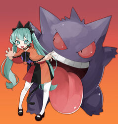  :d absurdres black_footwear capelet claw_pose commentary crossover female gengar gradient_background green_eyes green_hair green_nails hatsune_miku highres leaning_forward long_hair looking_at_another looking_to_the_side nail_polish open_mouth orange_background orange_capelet pantyhose pokemon pokemon_(creature) purple_shirt red_background red_eyes reirou_(chokoonnpu) shirt shoes skirt smile standing tongue tongue_out twintails v-shaped_eyebrows v-shaped_eyes very_long_hair vocaloid white_legwear 