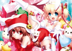  2018 2girls :d absurdres ahoge air_(visual_novel) animal_ears animal_hat animal_print bare_shoulders blonde_hair blue_eyes blush blush_stickers boots botan_(clannad) bow bowtie box breasts brown_hair canine cat_print chibi-moth christmas clannad cleavage closed_mouth collar company_connection crossover curvy dango_daikazoku dated_commentary detached_collar dress elbow_gloves expressionless fake_animal_ears feline flower fur-trimmed_boots fur-trimmed_dress fur-trimmed_gloves fur-trimmed_headwear fur_trim gift gift_box gloves hair_between_eyes hair_ornament hair_ribbon happy hat hat_bell heart heart-shaped_bell heart-shaped_pillow highres kamikita_komari kanon keropii key_(company) knee_boots large_breasts lennon little_busters! long_hair looking_at_viewer lying medium_breasts multiple_crossover multiple_girls natsume_rin oerba_yun_fang on_back on_stomach open_hands open_mouth outstretched_arms pillow pink_bow pink_bowtie piro pom_pom_(clothes) potato_(air) rabbit_ears red_bow red_bowtie red_eyes red_footwear red_ribbon rewrite ribbon santa_boots santa_dress santa_gloves second-party_source shiny_skin short_hair skindentation smile spiked_hair star-shaped_pillow star_(symbol) star_hair_ornament star_print strapless strapless_dress thighhighs thighs two_side_up upturned_eyes white_collar white_dress white_flower white_footwear white_fur white_gloves white_thighhighs zen_(kamuro) zettai_ryouiki 