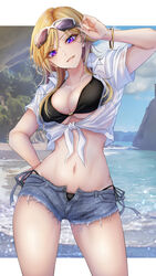  arm_up beach bikini bikini_under_clothes black_bikini blonde_hair breasts cleavage cowboy_shot crop_top cutoffs day denim denim_shorts denpa_(denpae29) eyewear_on_head female front-tie_top grey_shorts hand_on_own_hip highres large_breasts looking_at_viewer midriff navel open_fly original outdoors purple_eyes shirt short_hair_with_long_locks short_shorts short_sleeves shorts side-tie_bikini_bottom solo stomach string_bikini sunglasses swimsuit thighs white_shirt 