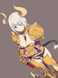  armor armored_boots axe battle_axe bikini_armor blue_eyes boots breasts closed_mouth commentary_request cow_girl dutch_angle earrings elbow_gloves enkyo_yuuichirou feet_out_of_frame female garter_belt gauntlets gloves grey_background grey_hair hands_on_hilt highres hisho_collection hoop_earrings horns jewelry large_breasts looking_at_viewer pauldrons purple_gloves purple_thighhighs shoulder_armor simple_background smile solo standing tail thighhighs weapon 