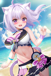  :d ahoge animal_collar animal_ear_fluff animal_ears bakko beach belt bikini bikini_skirt black_collar black_skirt blue_sky blush bow bracelet breasts cat_ears cat_girl cat_tail chains cleavage cloud collar crossed_bangs female hair_between_eyes heart heart-shaped_pupils highleg highleg_bikini highres hololive hololive_summer_2023_swimsuit jewelry large_breasts looking_at_viewer navel nekomata_okayu ocean oerba_yun_fang outdoors purple_bow purple_eyes purple_hair sand skirt sky smile solo standing swimsuit symbol-shaped_pupils tail virtual_youtuber water 