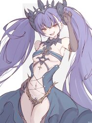  1006kbps absurdres azur_lane bare_shoulders black_dress black_gloves breasts center_opening clothing_cutout cowboy_shot cross cross_patty crossed_bangs crown dress elbow_gloves evil_grin evil_smile felix_schultz_(azur_lane) female gloves greek_cross grin hair_between_eyes hand_on_own_hip hand_up highres iron_cross long_dress long_hair navel oerba_yun_fang open_mouth purple_hair red_eyes revealing_clothes showgirl_skirt simple_background sleeveless sleeveless_dress small_breasts smile solo stomach twintails twitter_username very_long_hair white_background 