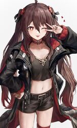  ;p alternate_costume black_jacket black_nails black_shirt black_shorts brown_hair casual choker collarbone commission cowboy_shot crop_top ebiri_fy english_commentary fashion female flower genshin_impact hair_flower hair_ornament hair_ribbon hand_on_own_hip heart highres hu_tao_(genshin_impact) jacket long_coat long_hair long_sleeves looking_at_viewer midriff multicolored_hair nail_polish navel no_headwear one_eye_closed red_eyes red_hair ribbon salute shirt short_shorts shorts simple_background skeb_commission solo standing symbol-shaped_pupils thighs tongue tongue_out twintails twitter_username two-finger_salute two-tone_hair v v_over_eye very_long_hair white_background 