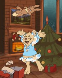  2d_animation 3_toes 4:5 accessory animated anthro bear blue_clothing blue_shirt blue_topwear bottomwear bow_accessory bow_ribbon box brown_body christmas christmas_decorations christmas_ornament christmas_present christmas_stocking christmas_tree closed_eyes clothing container detailed_background eevee feet female fireplace frame_by_frame full-length_portrait fur generation_1_pokemon gift gift_box gift_tag hair_accessory hair_ribbon hairbow happy holding_object holding_toy holidays hug inside mammal midriff motion_tweening nante-p neck_tuft nilla_(urbansaint) nintendo pattern_bottomwear pattern_clothing pattern_skirt paws picture_frame pink_nose plant playing_with_toys plushie pokemon pokemon_(species) polka_dots portrait ribbons ruff shirt short_playtime signature skirt solo spots spotted_bottomwear spotted_clothing spotted_skirt throwing_object toes topwear toy tree tuft window yellow_body yellow_fur young young_female 