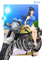  absurdres alternate_costume aoki_reika bare_legs beach blue_eyes blue_hair blue_one-piece_swimsuit blush border breasts competition_swimsuit day female hair_ornament highres honda_cb750k long_hair looking_at_viewer medium_breasts motor_vehicle motorcycle on_motorcycle one-piece_swimsuit open_mouth precure road sand sandals smile_precure sunlight swimsuit takaishi_fuu white_border 