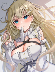  alternate_breast_size black_sash blonde_hair blue_eyes blunt_bangs blush breasts cattleya_regina_games center_frills cleavage collar criss-cross_halter detached_sleeves dress female frilled_shirt_collar frills hair_behind_ear hair_ornament hairclip halterneck hanabusa_lisa hanabusa_lisa_(1st_costume) highres large_breasts long_hair long_sleeves looking_at_viewer mouth_hold okutomi_fumi sash solo very_long_hair virtual_youtuber vspo! white_collar white_dress white_sleeves 