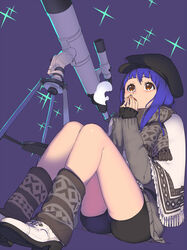  beret bike_shorts black_hat blanket blue_hair breath brown_eyes commentary_request dutch_angle enkyo_yuuichirou female grey_scarf grey_sweater hat highres hisho_collection leg_warmers legs_together long_sleeves looking_up own_hands_together purple_background scarf shoes simple_background sitting sleeves_past_wrists solo star_(symbol) sweater telescope white_footwear 